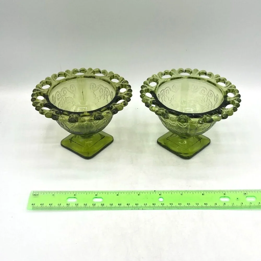 Vintage Green Glass Dessert Bowls Set Of 2 With Decorative Rim  Floral Design - Picture 5 of 15